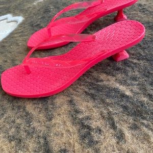 Hot pink plastic kitten heel sandals
